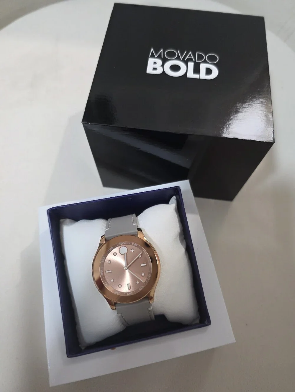 Movado Bold Rose Gold Dial Watch with Light Gray Strap